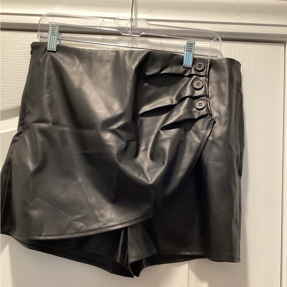 Faux Leather Black Wrap-Front Women's Shorts with Button Detail